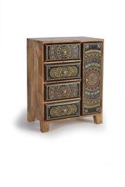 GINER Y COLOMER - Buffet téléphonique en bois de manguier avec 4 tiroirs et 1 porte, détails peints à la main, 60x45x30 cm (LxHxP), naturel et multicolore